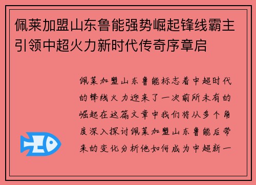 佩莱加盟山东鲁能强势崛起锋线霸主引领中超火力新时代传奇序章启