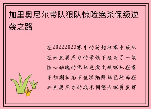 加里奥尼尔带队狼队惊险绝杀保级逆袭之路