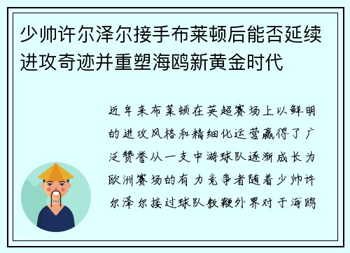少帅许尔泽尔接手布莱顿后能否延续进攻奇迹并重塑海鸥新黄金时代 少帅许尔泽尔接手布莱顿后能否延续进攻奇迹并重塑海鸥新黄金时代