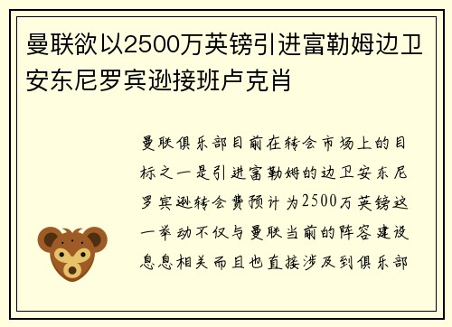 曼联欲以2500万英镑引进富勒姆边卫安东尼罗宾逊接班卢克肖